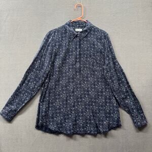 Carve Designs Organic Blue Printed 1/2 Button Down LS Top Womens XL Raw Hem